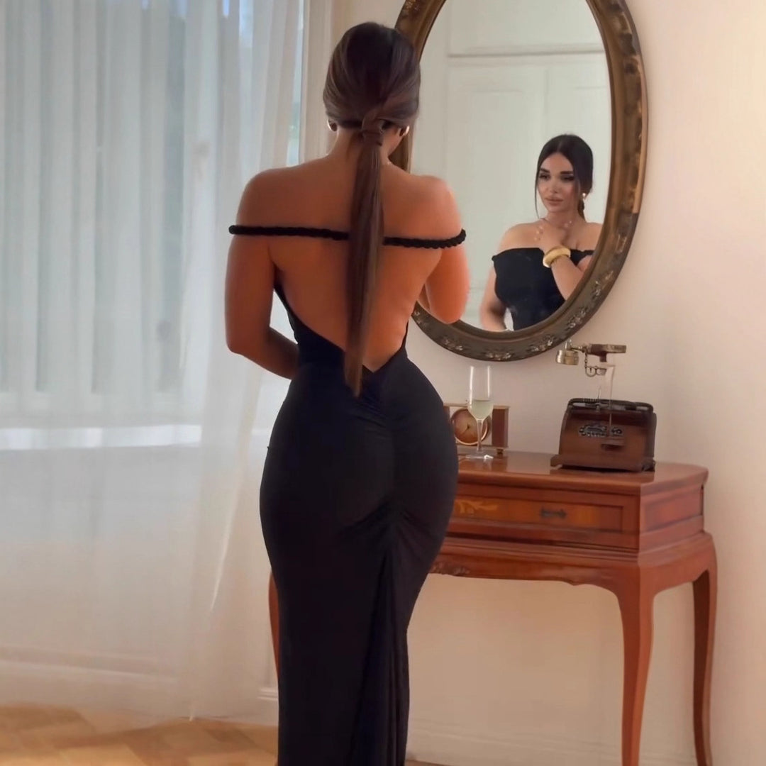 Damen Off-Shoulder Maxi-Klänning med figurnära skärning och elegant fåll Mirla-Eva Jonsson