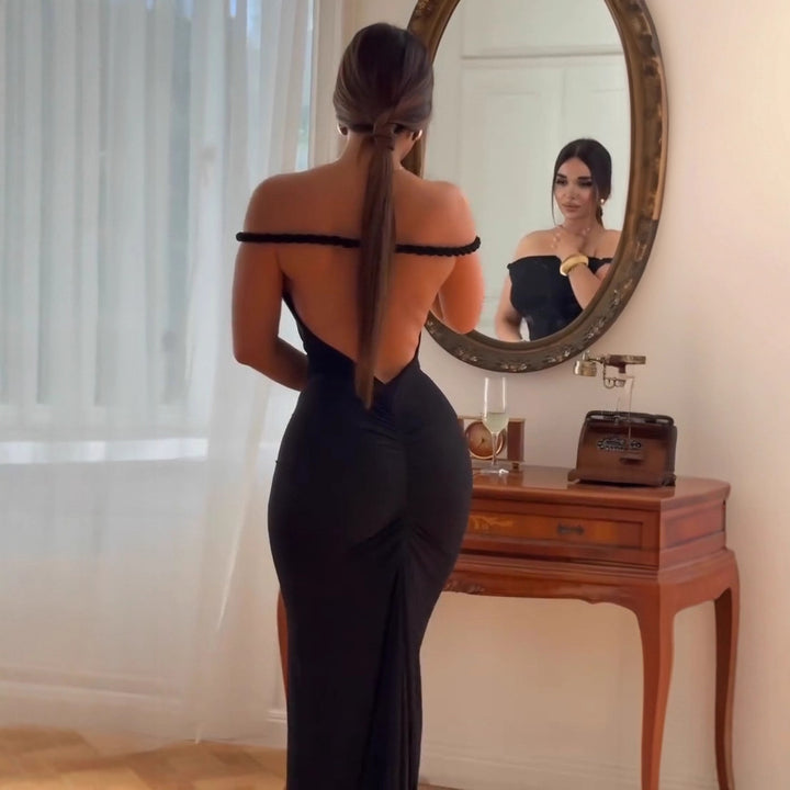 Damen Off-Shoulder Maxi-Klänning med figurnära skärning och elegant fåll Mirla-Eva Jonsson