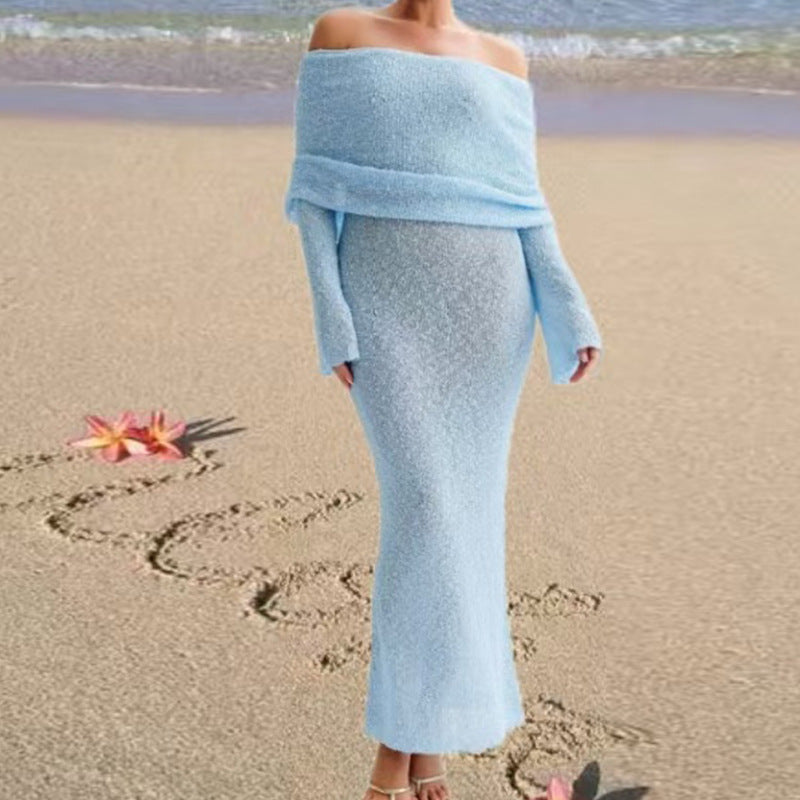Damen Off-Shoulder Maxiklänning med lång ärm och elegant tyg Mirla-Eva Jonsson