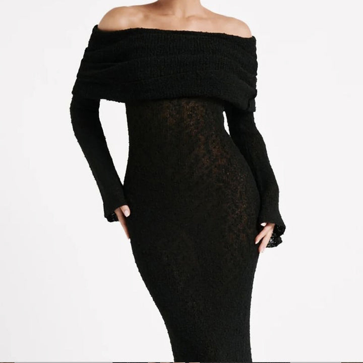 Damen Off-Shoulder Maxiklänning med lång ärm och elegant tyg Mirla-Eva Jonsson