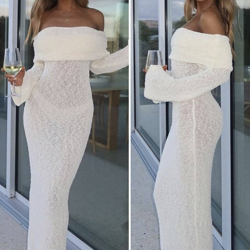 Damen Off-Shoulder Maxiklänning med lång ärm och elegant tyg Mirla-Eva Jonsson