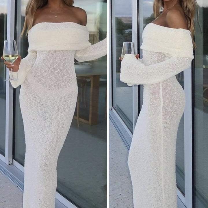 Damen Off-Shoulder Maxiklänning med lång ärm och elegant tyg Mirla-Eva Jonsson