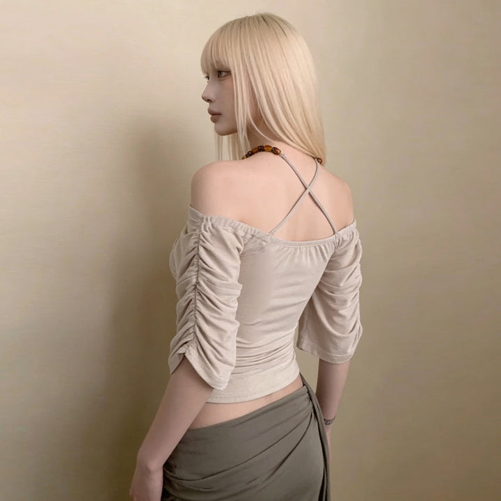 Damen Off-Shoulder Topp med voluminösa ärmar och dekorativ knut Mirla-Eva Jonsson