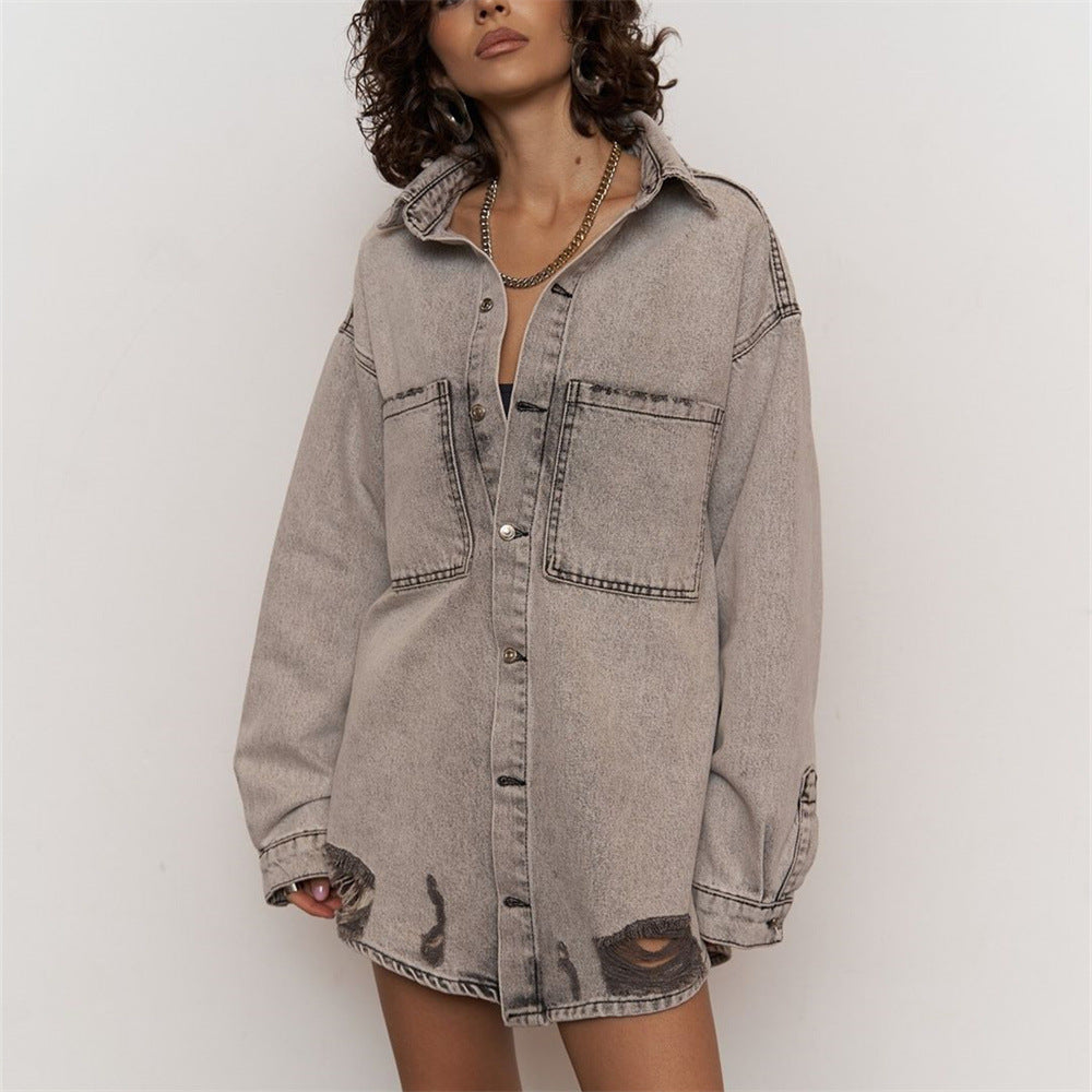 Damen Oversized Denim-Skjorta med Used-Effekt Mirla-Eva Jonsson