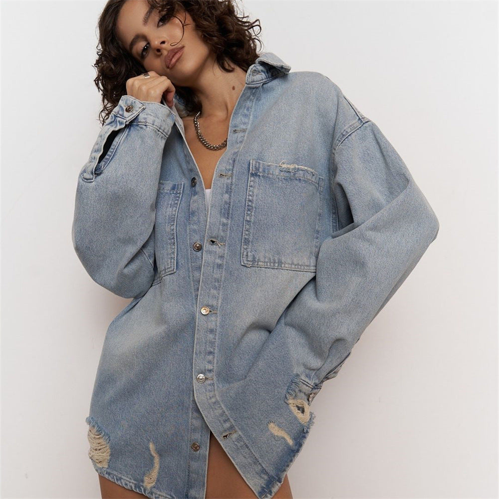 Damen Oversized Denim-Skjorta med Used-Effekt Mirla-Eva Jonsson