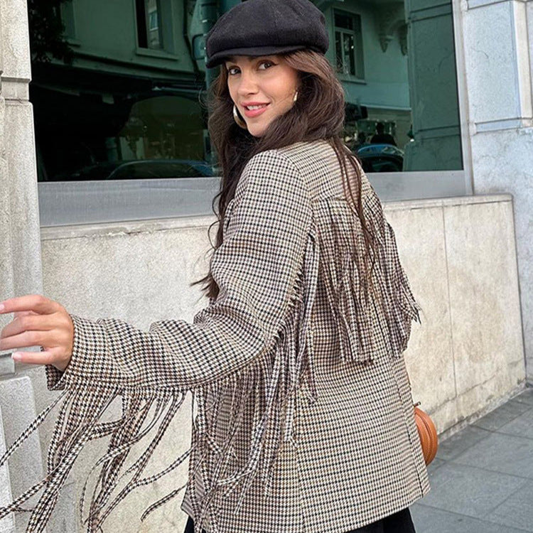 Damen Oversized Jacka med fransar och rutig mönster Mirla-Eva Jonsson