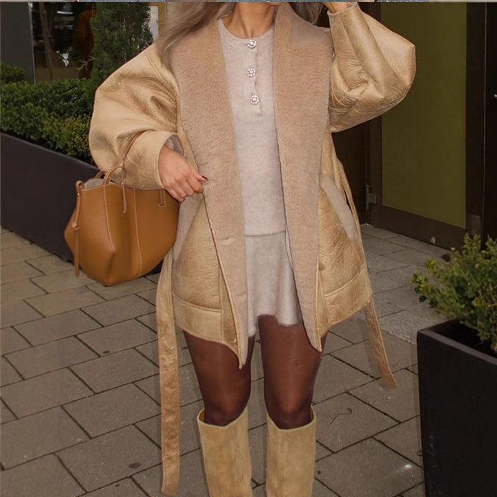 Damen Oversized Konstpälsjacka med midjejusterbart bälte och voluminösa ärmar Eva Jonsson-Eva Jonsson