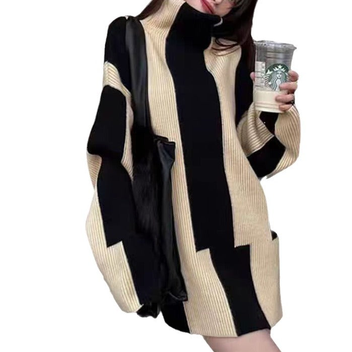Damen Oversized Strickkleid mit hohem Kragen und grafischem Muster Eva Jonsson-Eva Jonsson