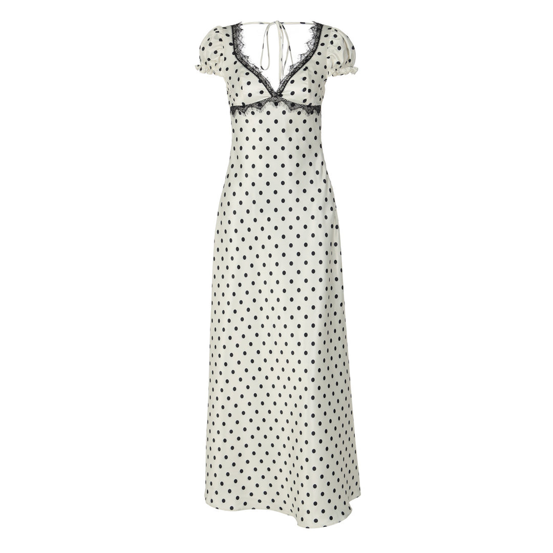 Damen Polka Dot Maxikleid mit eleganten Rüschendetails und nostalgischem Ausschnitt Mirla-Eva Jonsson