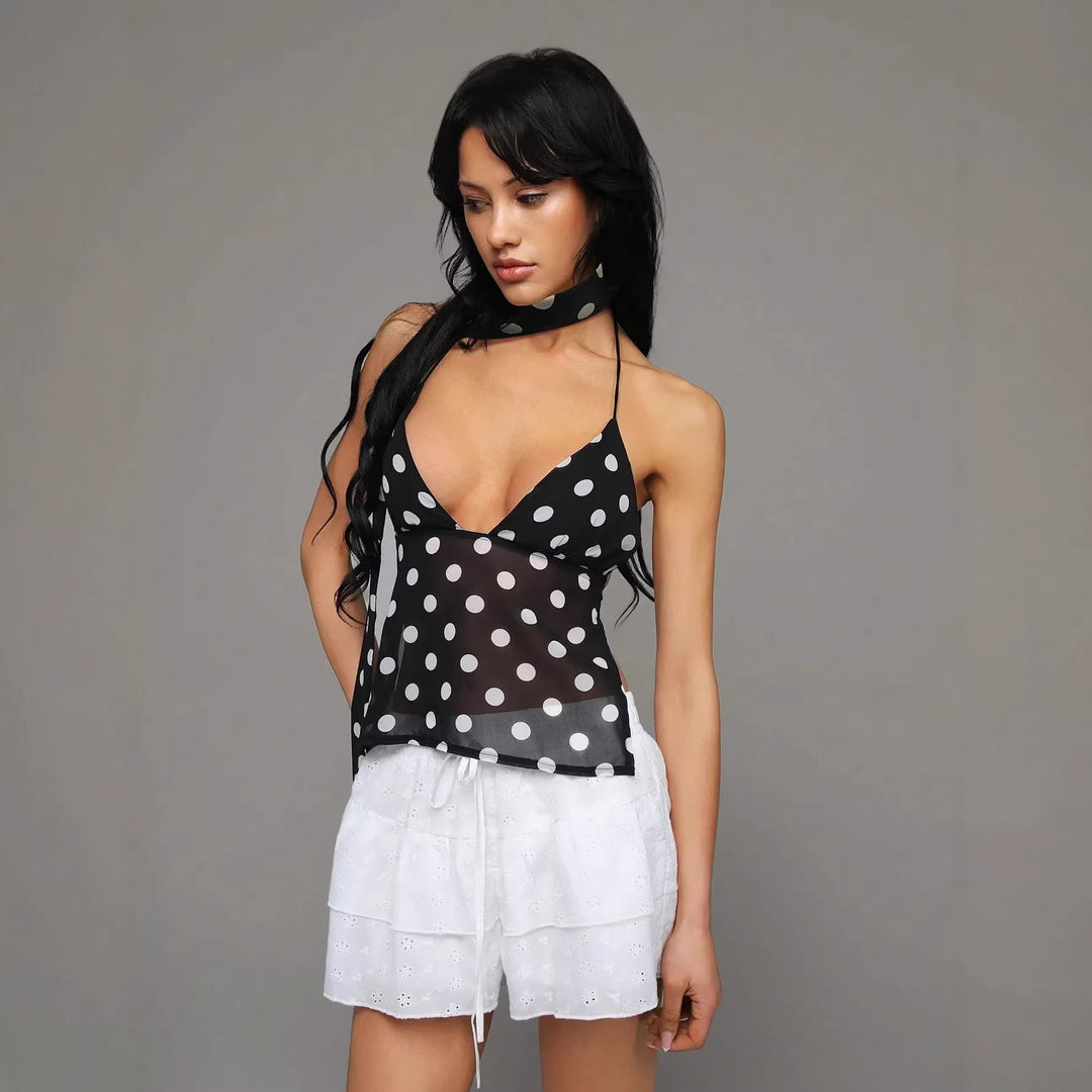 Damen Polka-Dot Topp med dekorativ halsduk och lätt tyg Mirla-Eva Jonsson
