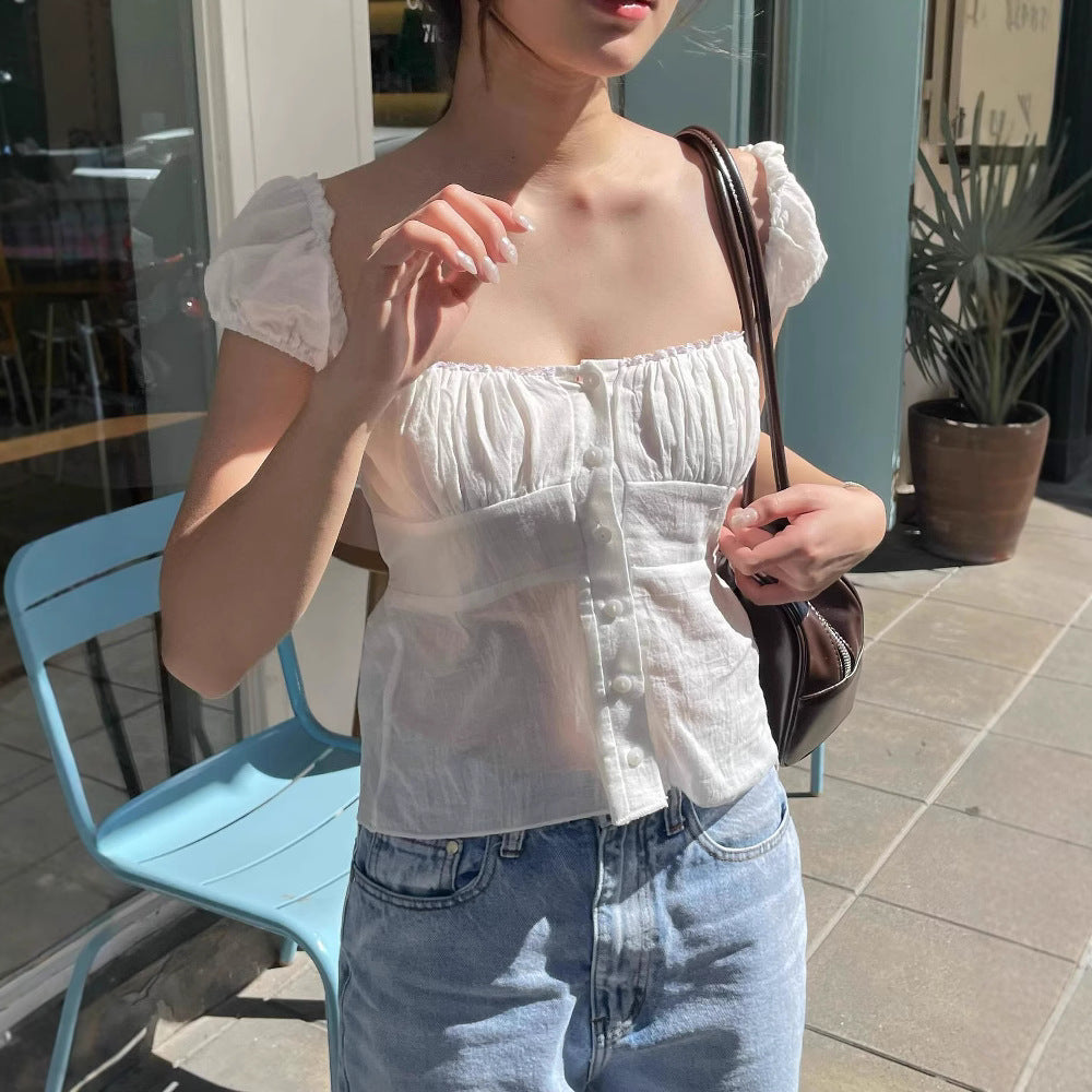 Damen Puffärmel Blus med knapdetail och rynkad look Mirla-Eva Jonsson