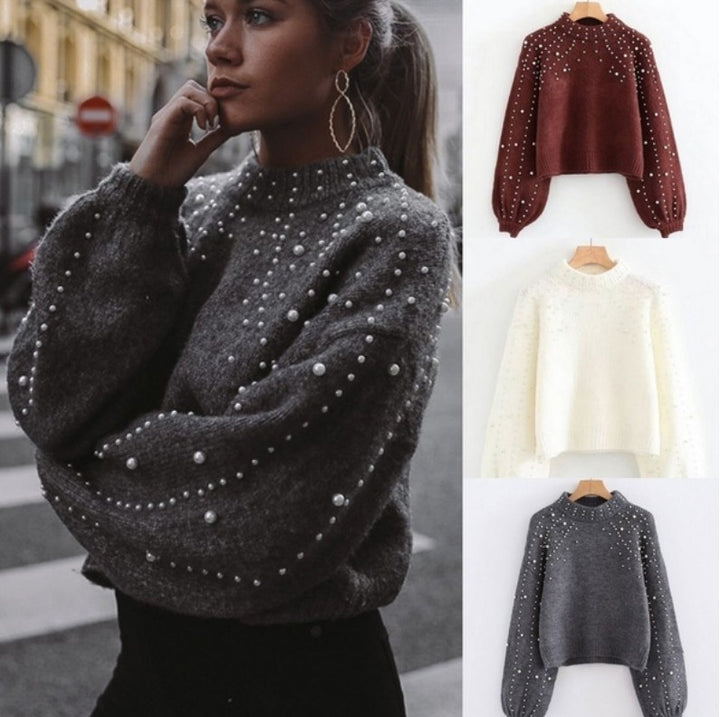 Damen Pullover mit schimmernden Perlendetails und voluminösen Ärmeln Mirla-Eva Jonsson