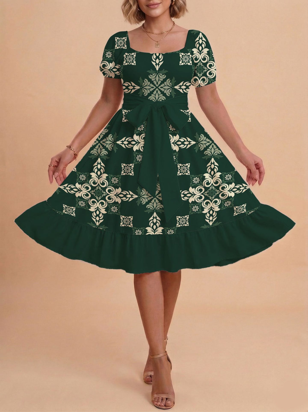 Damen Retro Maxiklänning med puffärmar och midjebälte Mirla-Eva Jonsson
