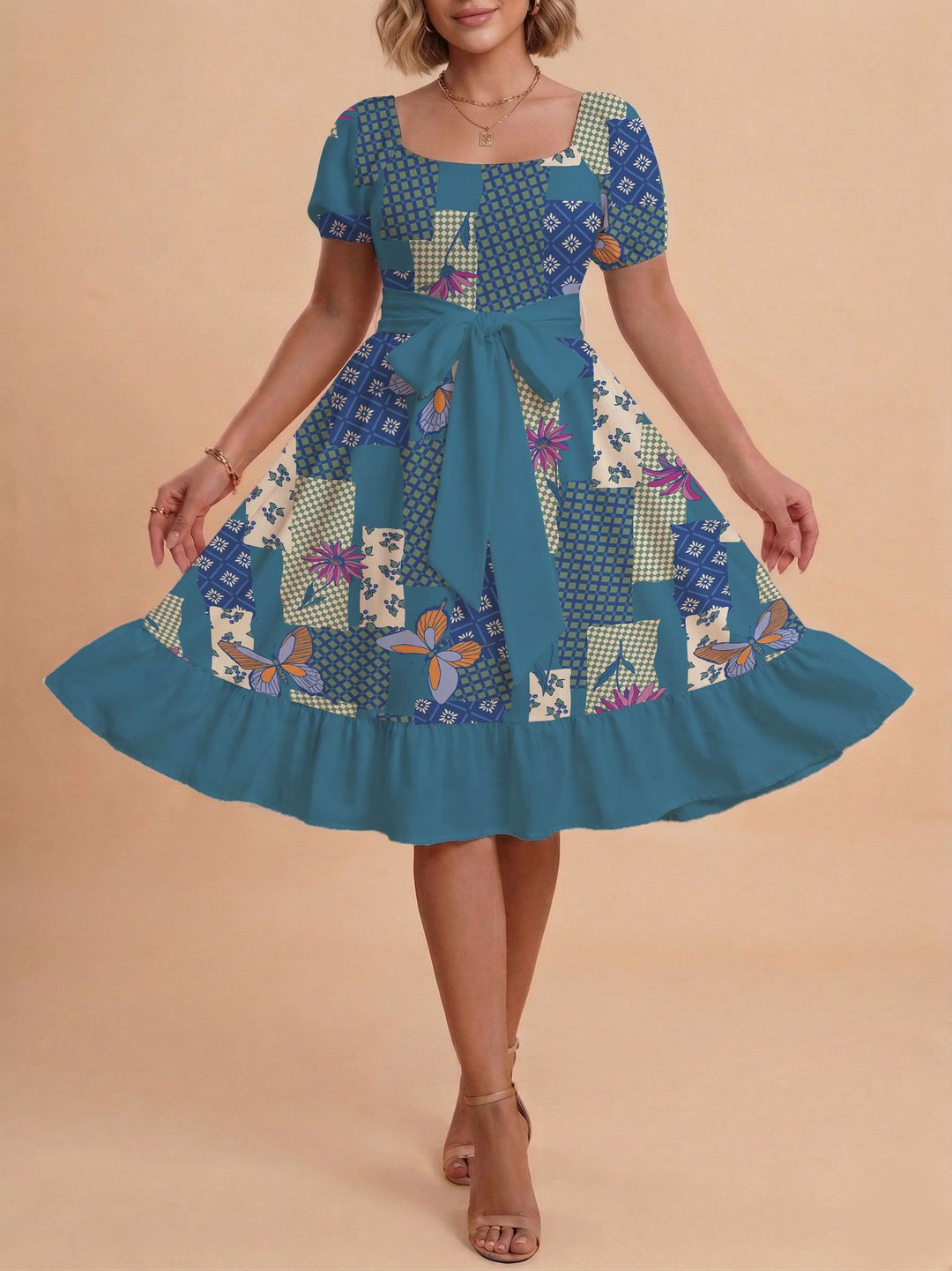 Damen Retro Maxiklänning med puffärmar och midjebälte Mirla-Eva Jonsson