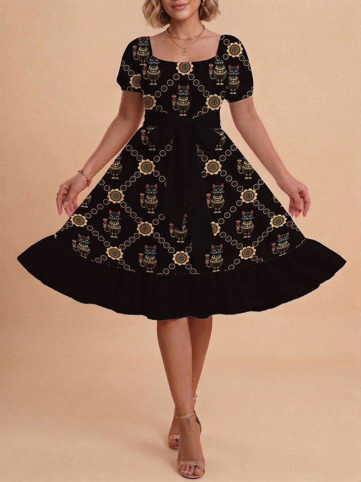 Damen Retro Maxiklänning med puffärmar och midjebälte Mirla-Eva Jonsson