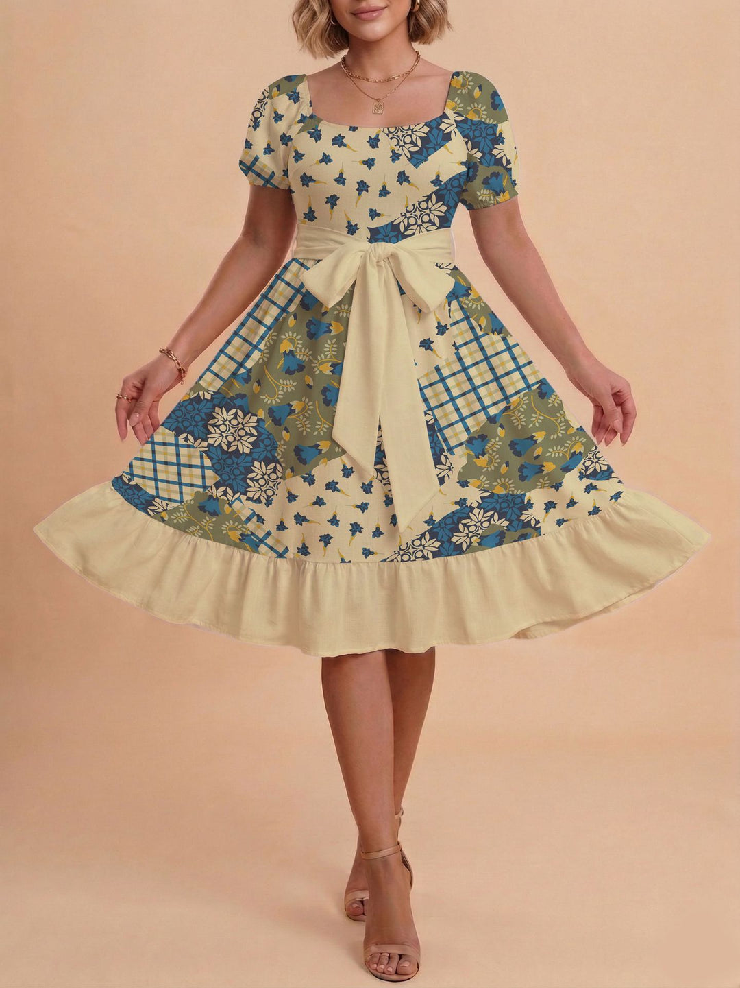 Damen Retro Maxiklänning med puffärmar och midjebälte Mirla-Eva Jonsson
