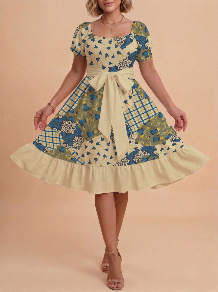Damen Retro Maxiklänning med puffärmar och midjebälte Mirla-Eva Jonsson