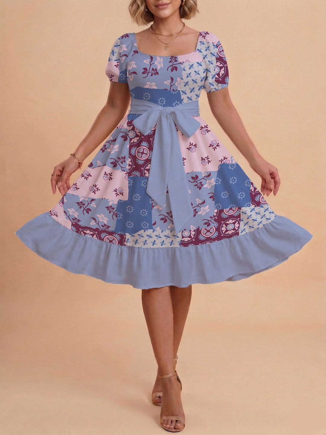 Damen Retro Maxiklänning med puffärmar och midjebälte Mirla-Eva Jonsson