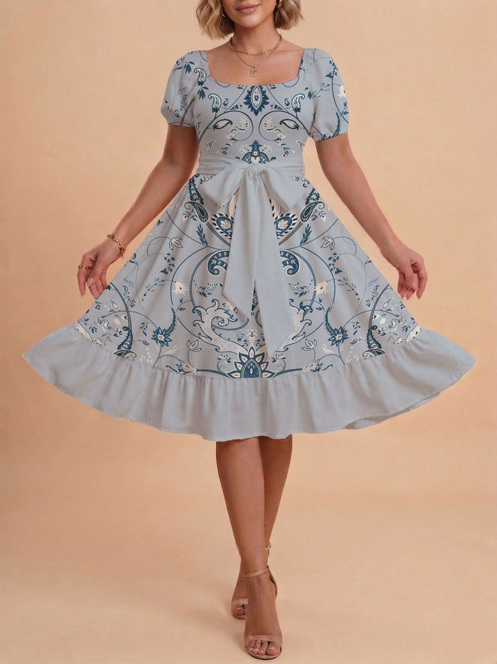 Damen Retro Maxiklänning med puffärmar och midjebälte Mirla-Eva Jonsson