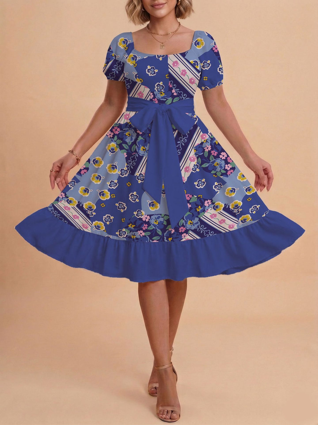 Damen Retro Maxiklänning med puffärmar och midjebälte Mirla-Eva Jonsson