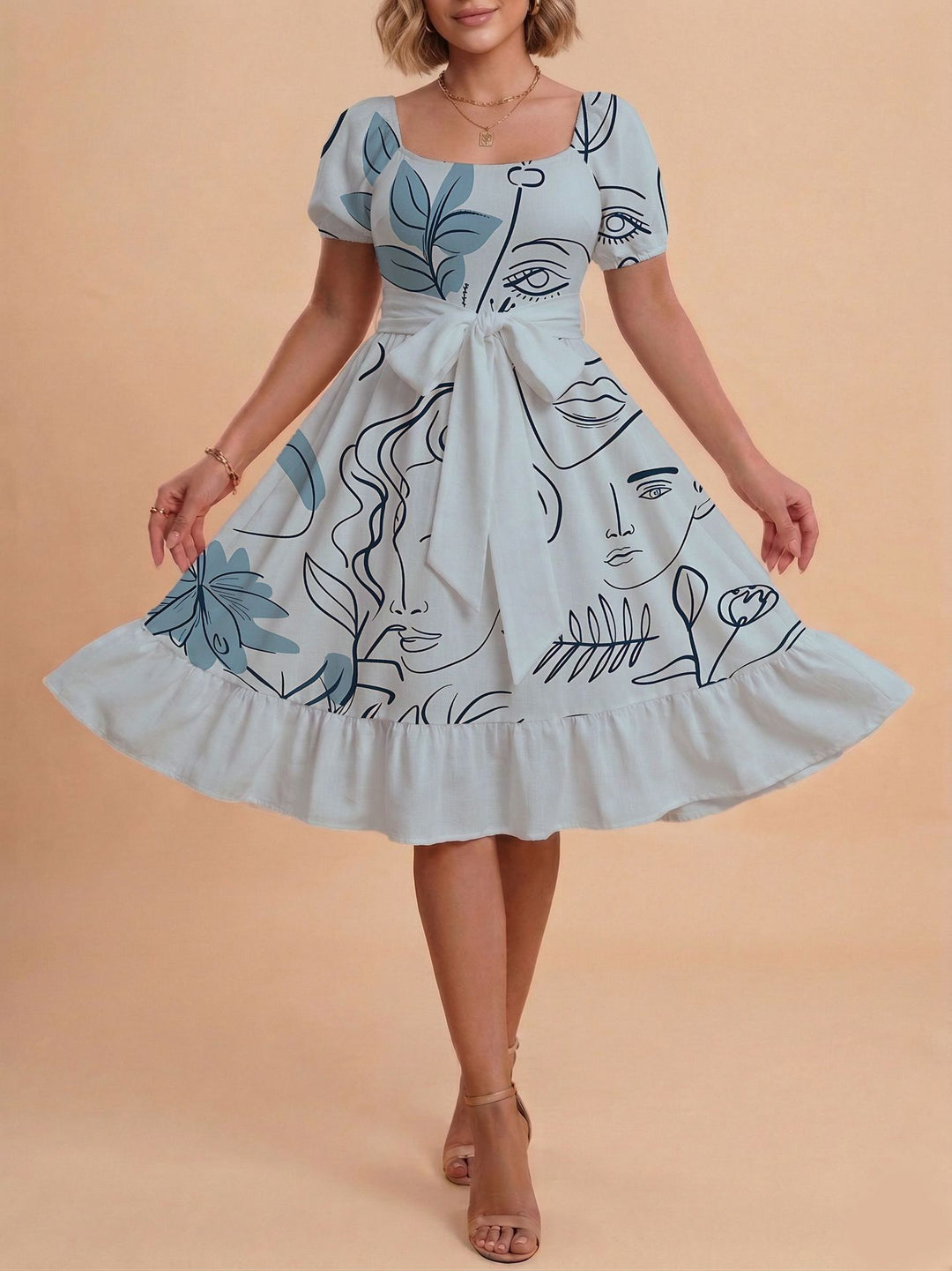 Damen Retro Maxiklänning med puffärmar och midjebälte Mirla-Eva Jonsson