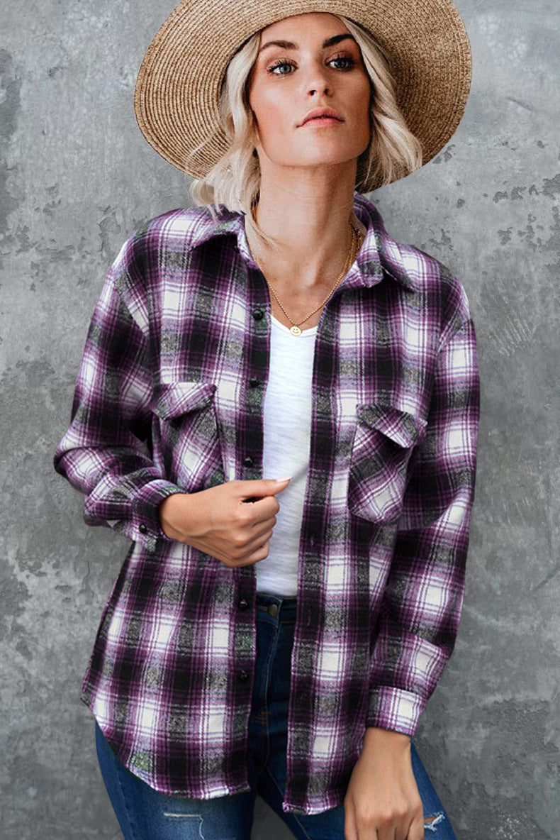 Damen Rutiga Fleeceblus med Bröstfickor och Bekväm Passform Eva Jonsson-Eva Jonsson