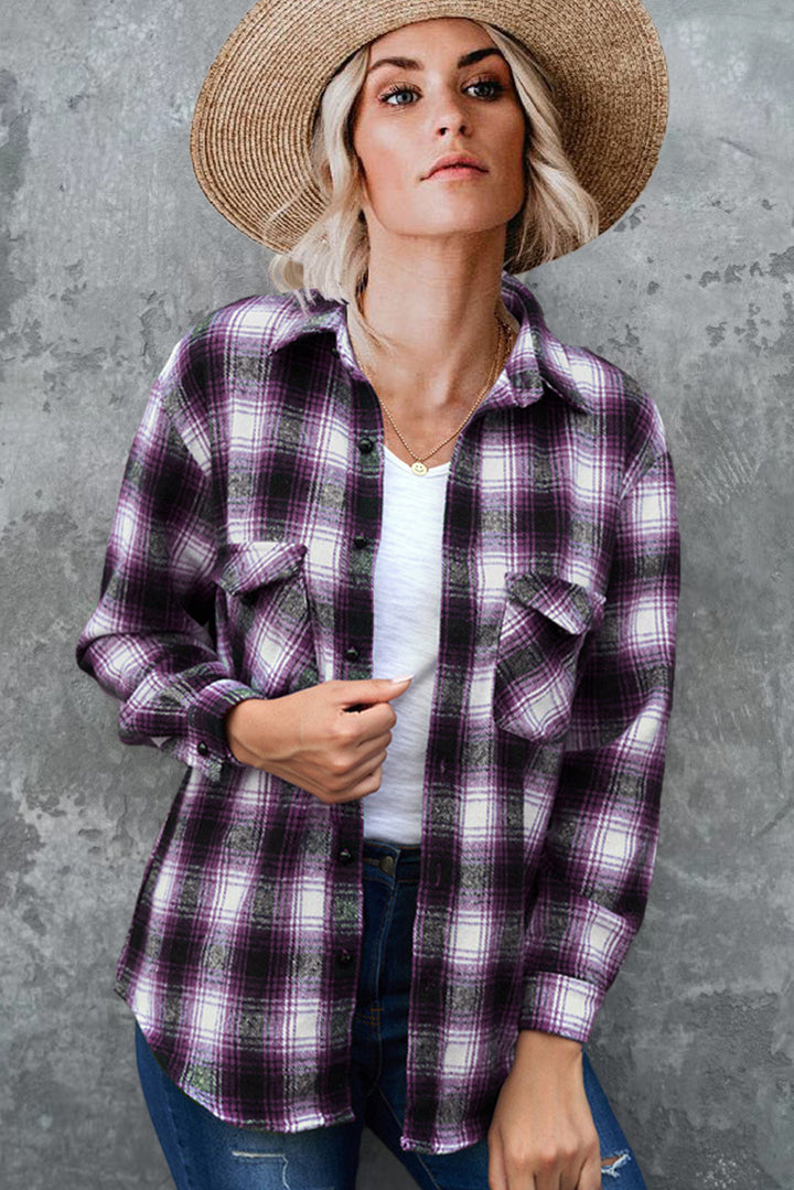 Damen Rutiga Fleeceblus med Bröstfickor och Bekväm Passform Eva Jonsson-Eva Jonsson