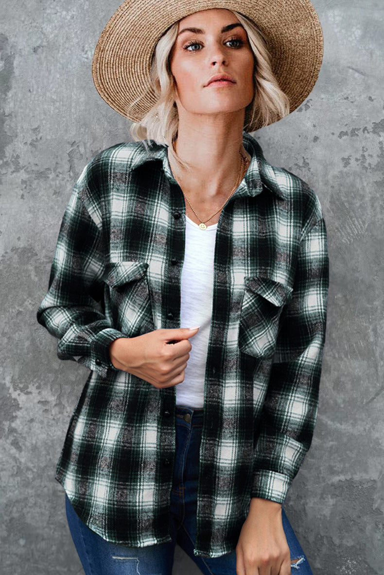 Damen Rutiga Fleeceblus med Bröstfickor och Bekväm Passform Eva Jonsson-Eva Jonsson