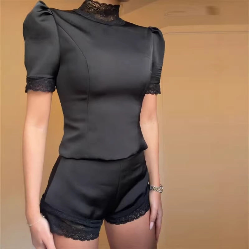 Damen Satin Nattshorts med spetsdetalj Mirla-Eva Jonsson