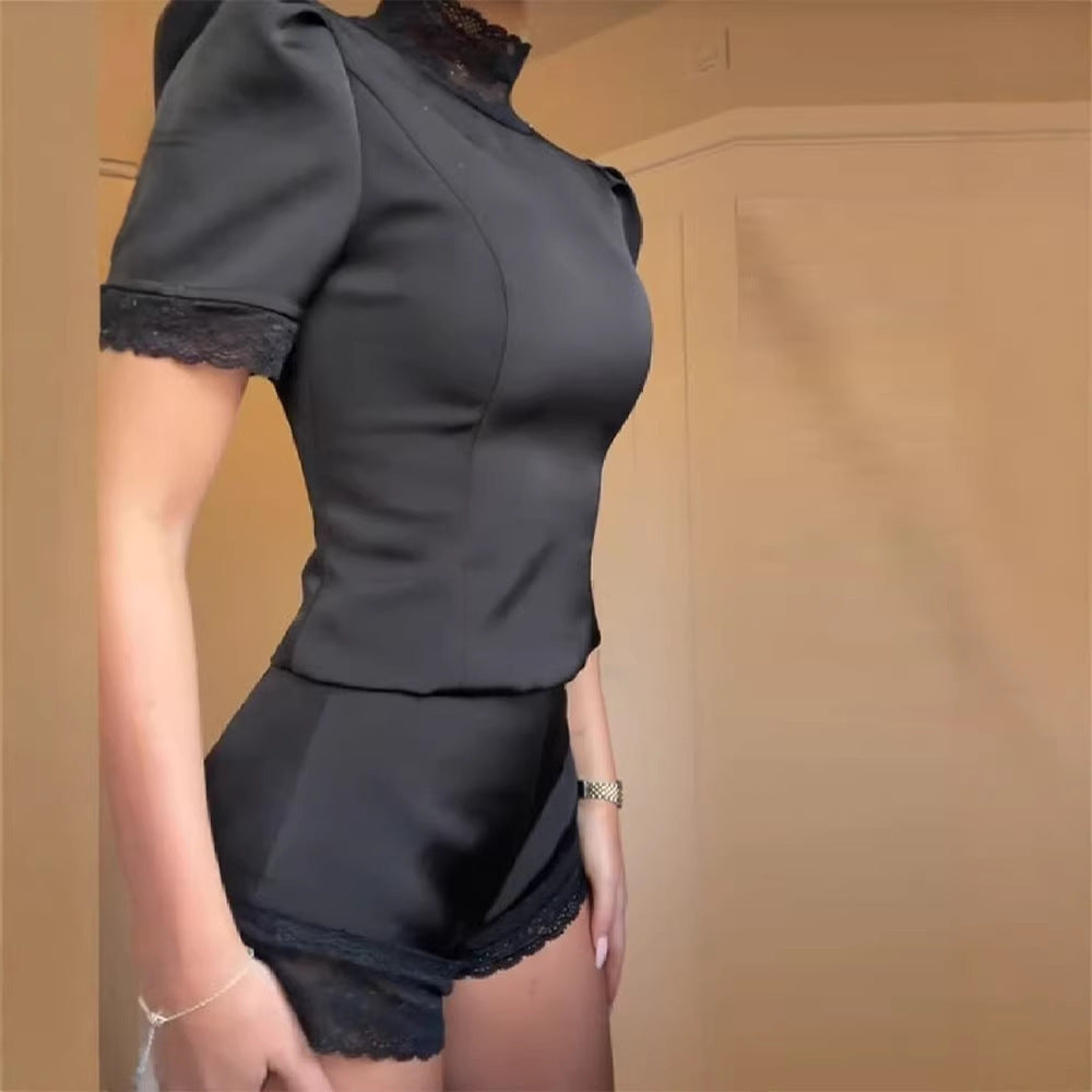 Damen Satin Nattshorts med spetsdetalj Mirla-Eva Jonsson