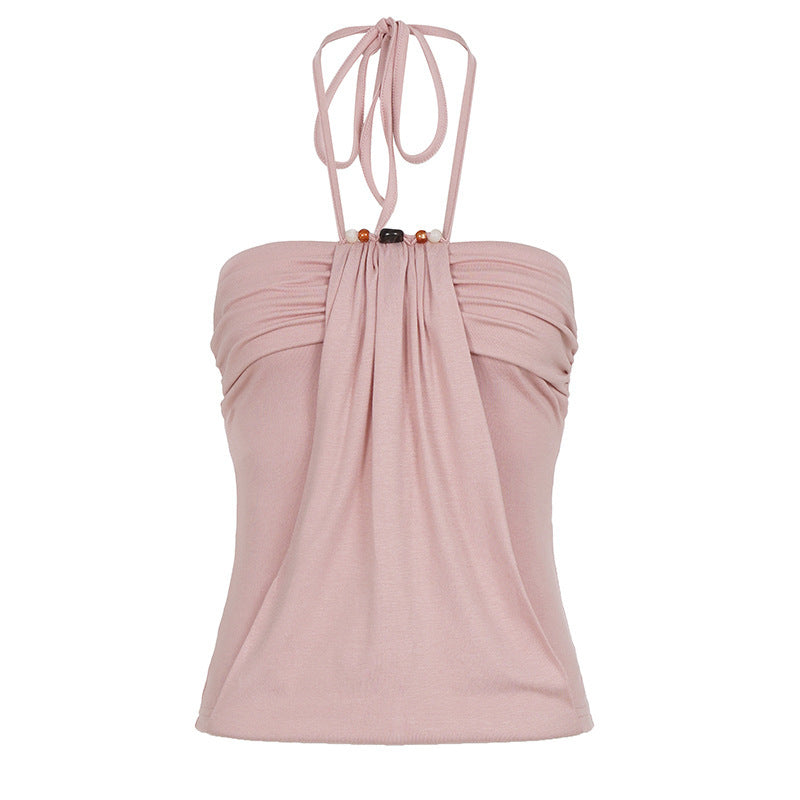 Damen Spaghetti-ärmad topp med elegant drapering och dekorativa pärlor Mirla-Eva Jonsson