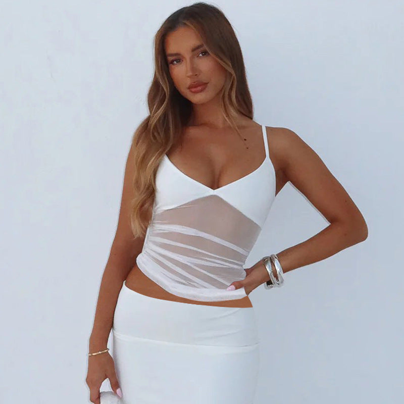 Damen Spaghetti-straps blouse top med transparent drapering Mirla-Eva Jonsson