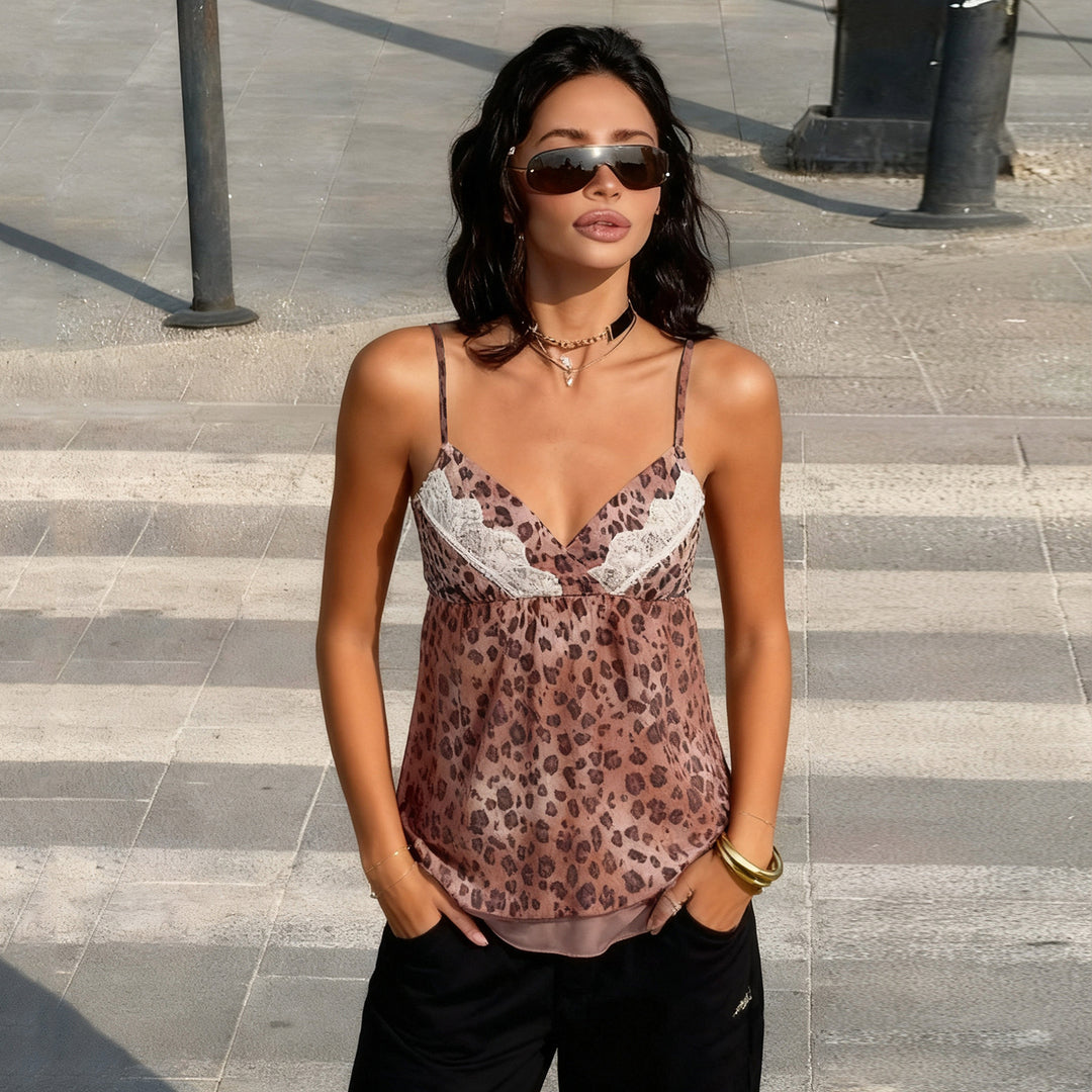 Damen Spaghetti-straps top with floral lace insert and leopard pattern Mirla-Eva Jonsson