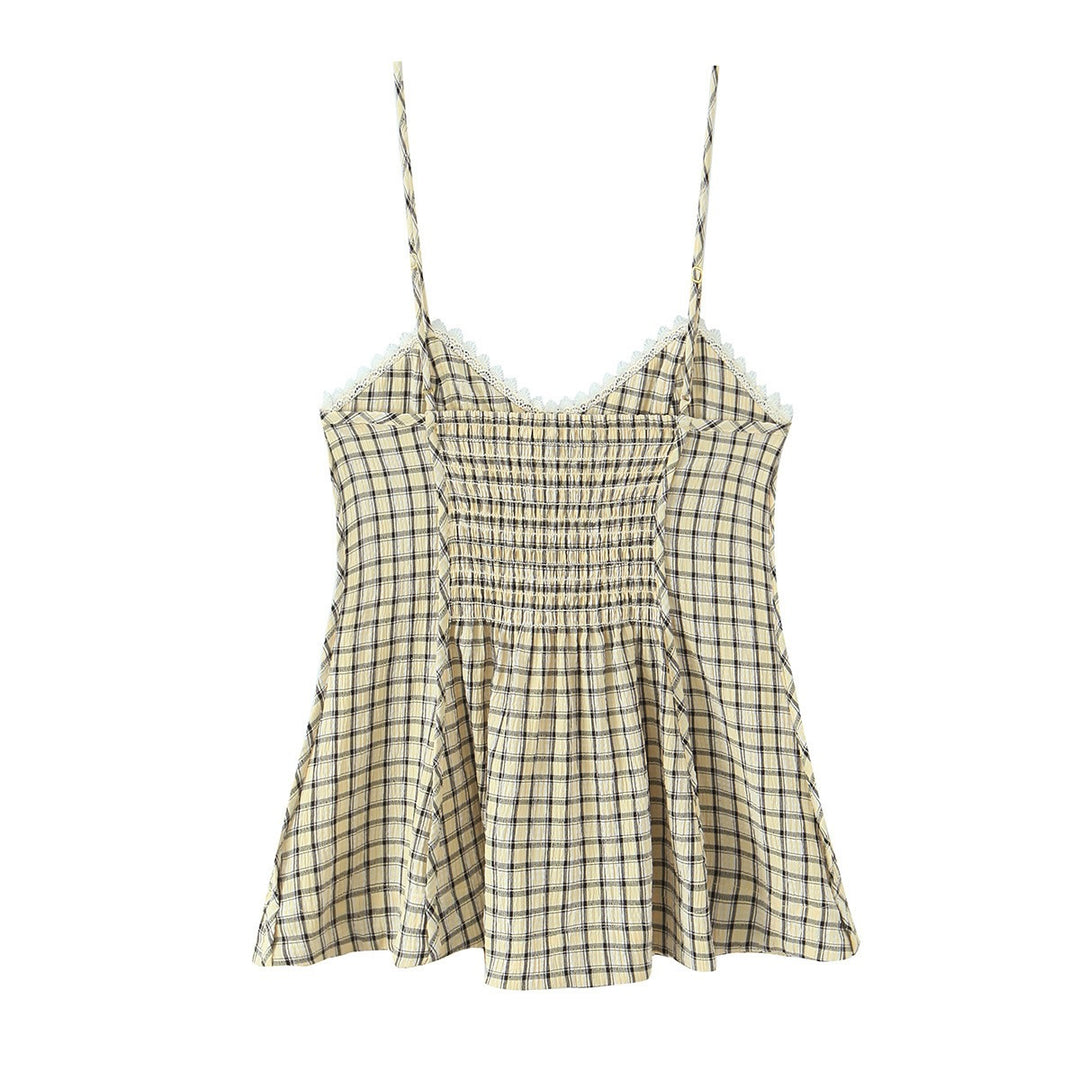 Damen Spaghetti-straps top with playful check pattern and fine lace accents Mirla-Eva Jonsson