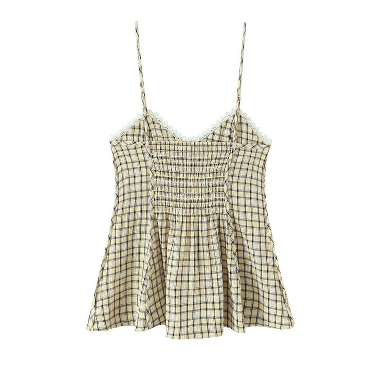 Damen Spaghetti-straps top with playful check pattern and fine lace accents Mirla-Eva Jonsson