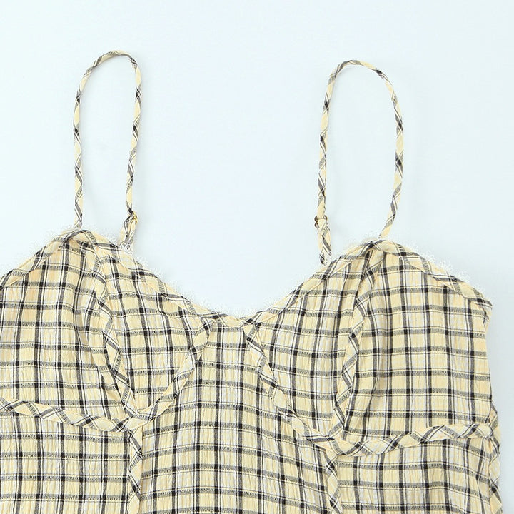 Damen Spaghetti-straps top with playful check pattern and fine lace accents Mirla-Eva Jonsson