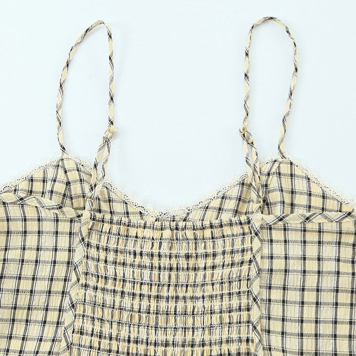 Damen Spaghetti-straps top with playful check pattern and fine lace accents Mirla-Eva Jonsson