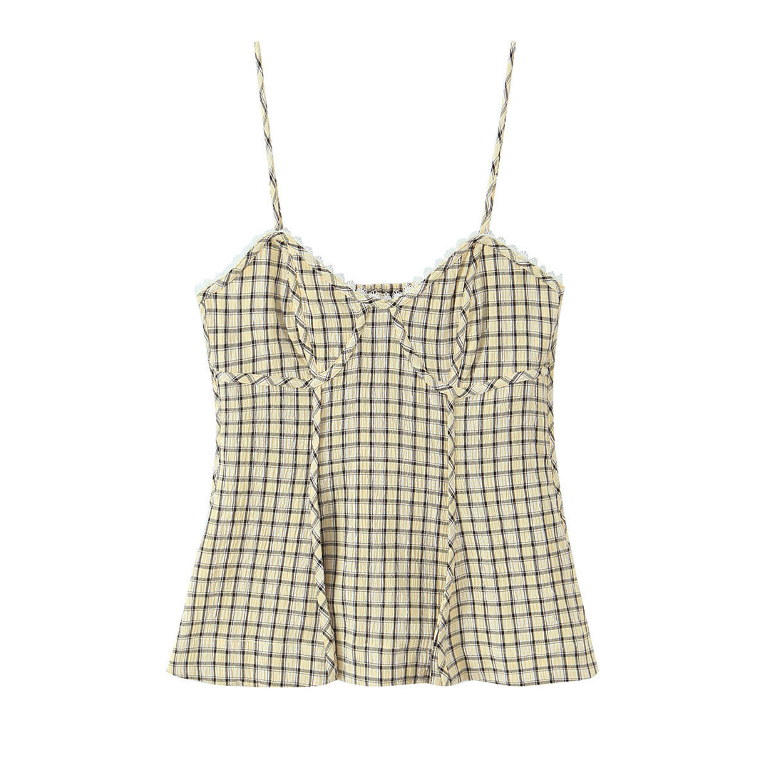 Damen Spaghetti-straps top with playful check pattern and fine lace accents Mirla-Eva Jonsson