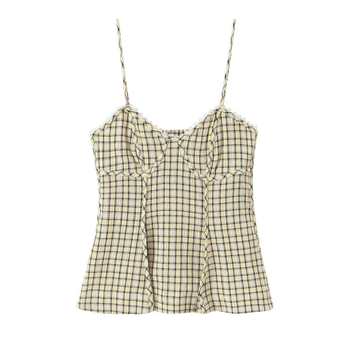 Damen Spaghetti-straps top with playful check pattern and fine lace accents Mirla-Eva Jonsson