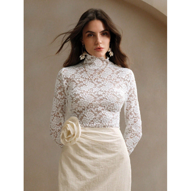 Damen Spitzenoberteil mit hohem Kragen und filigranem Blumendesign Mirla-Eva Jonsson