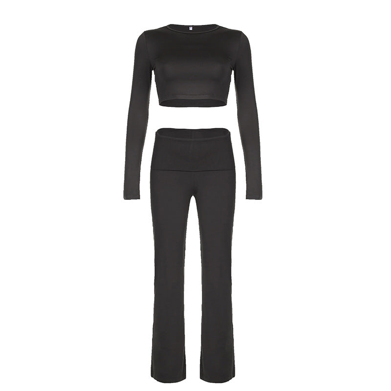 Damen Sportliches Långärmad Crop Top och figurnära Flared Byxor Set Mirla-Eva Jonsson