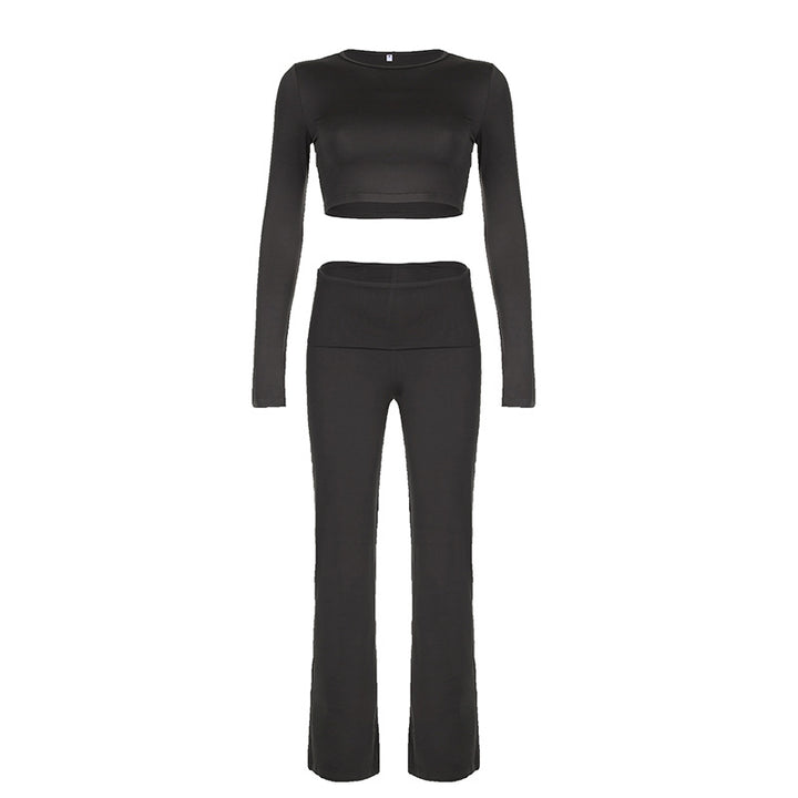 Damen Sportliches Långärmad Crop Top och figurnära Flared Byxor Set Mirla-Eva Jonsson