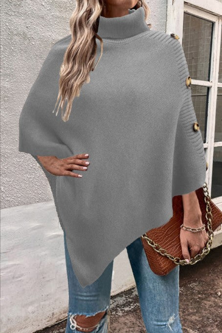 Damen Strick-Poncho mit hohem Kragen und Knopfdetails Mirla-Eva Jonsson