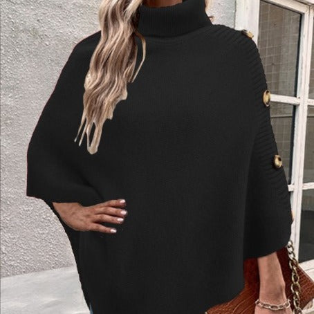 Damen Strick-Poncho mit hohem Kragen und Knopfdetails Mirla-Eva Jonsson