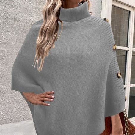 Damen Strick-Poncho mit hohem Kragen und Knopfdetails Mirla-Eva Jonsson