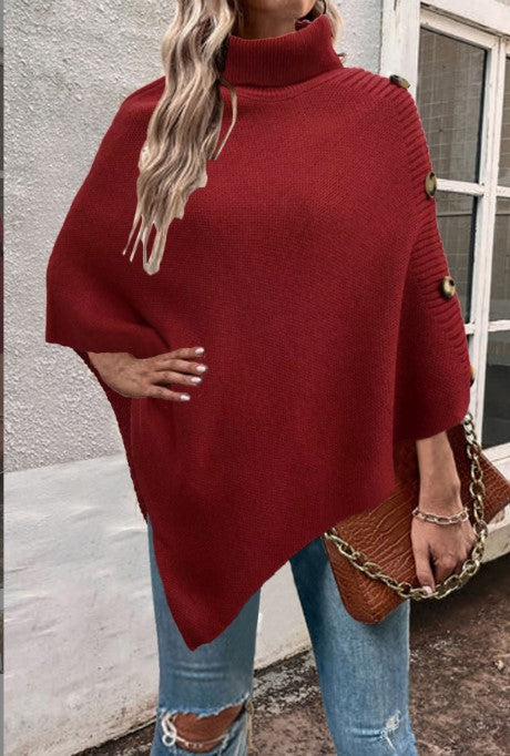 Damen Strick-Poncho mit hohem Kragen und Knopfdetails Mirla-Eva Jonsson
