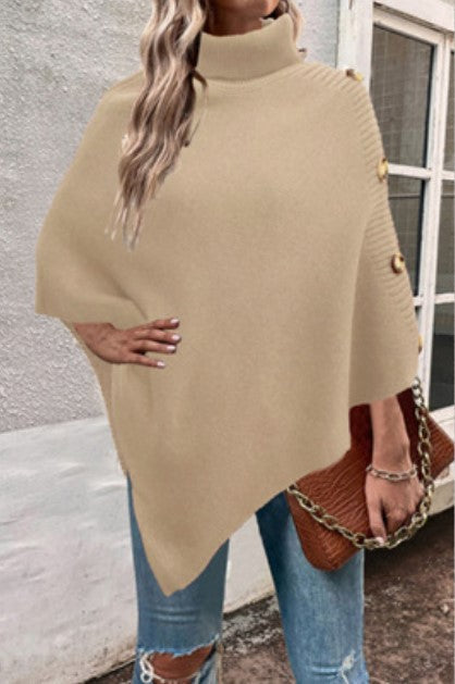 Damen Strick-Poncho mit hohem Kragen und Knopfdetails Mirla-Eva Jonsson