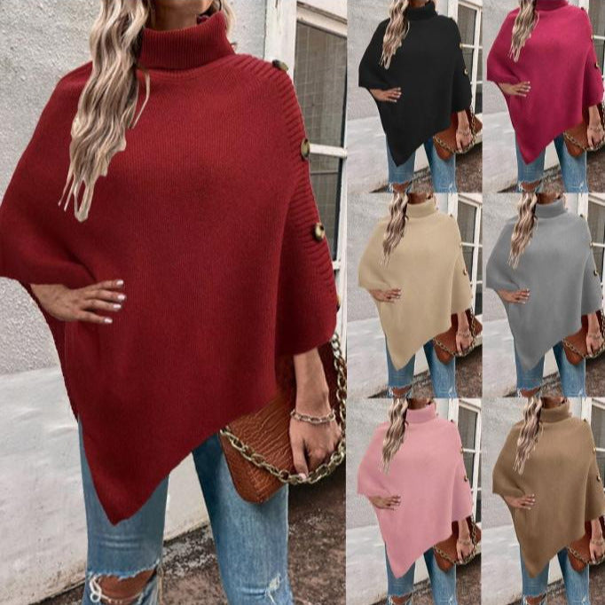 Damen Strick-Poncho mit hohem Kragen und Knopfdetails Mirla-Eva Jonsson