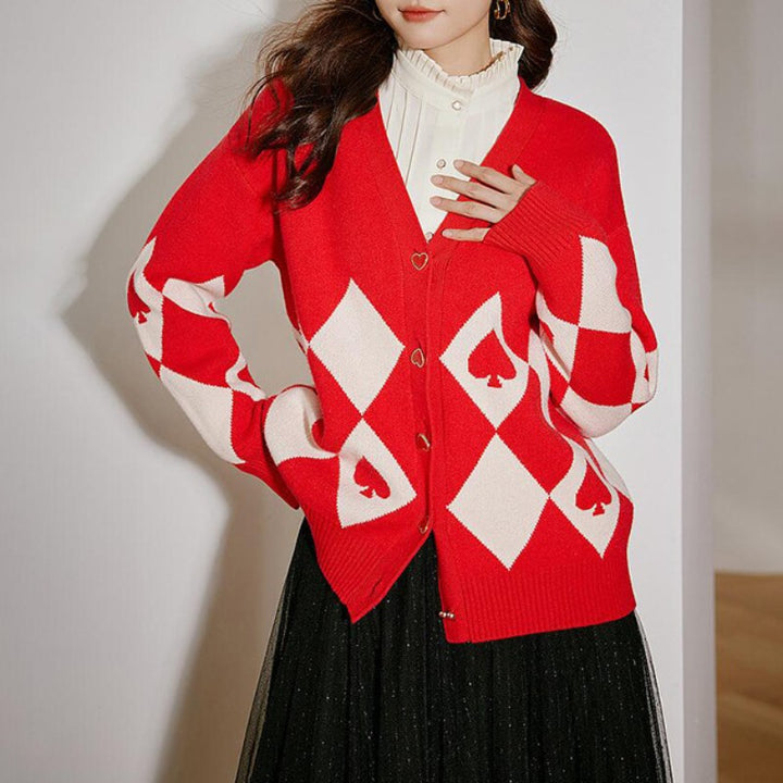 Damen Strickjacke mit Herzknöpfen und Rautenmuster Mirla-Eva Jonsson