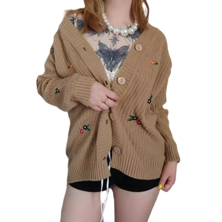 Damen Strickjacke mit buntem Blumenstickereien Mirla-Eva Jonsson